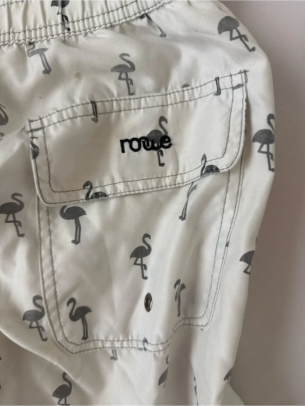 White mens Swim Trunks with Black Flamingo Print
